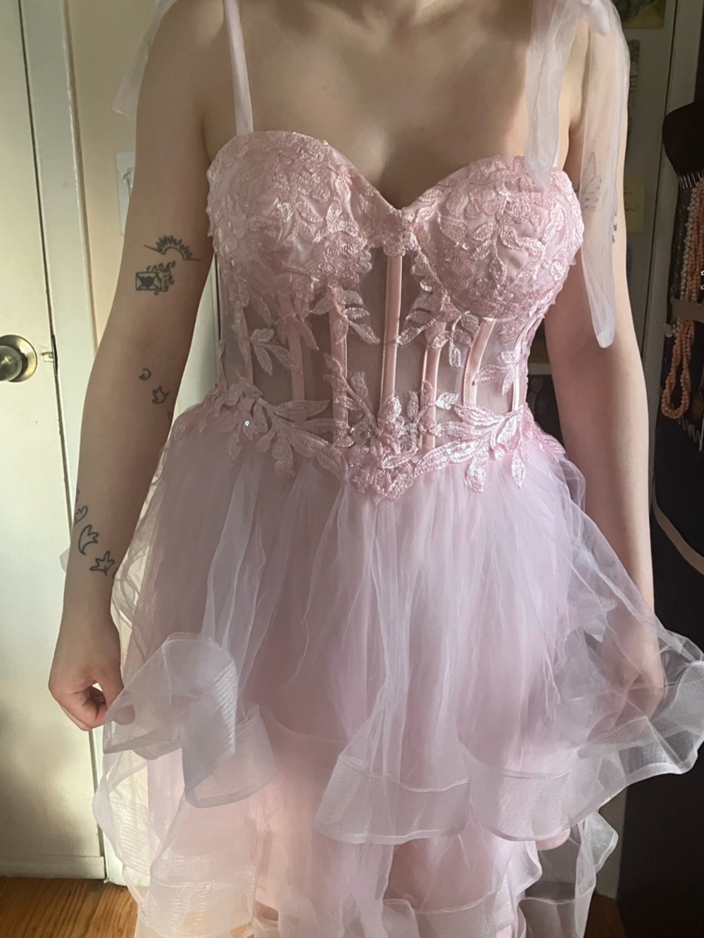 Amazon Blush Pink Lace Corset Tulle Prom Dress